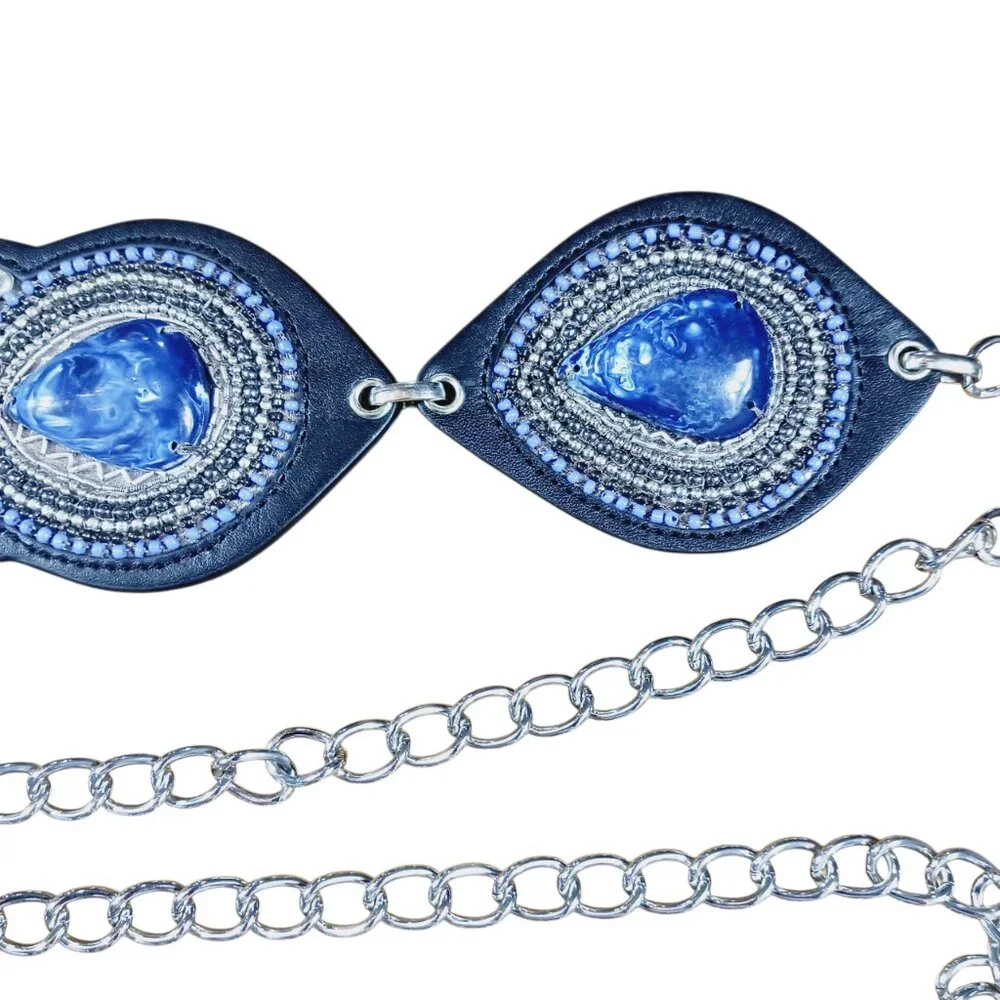 NWT Chico's Blue Faux Stone Silver Chain Link Statement Belt, M/L, Boho, Western